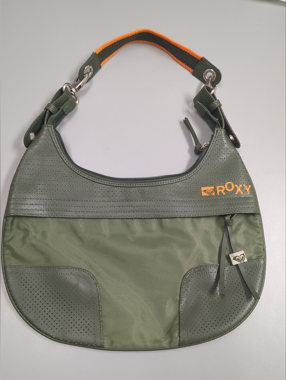 Vintage ROXY Hobo Purse Bag Faux Leather Canvas Green/Orange Y2K